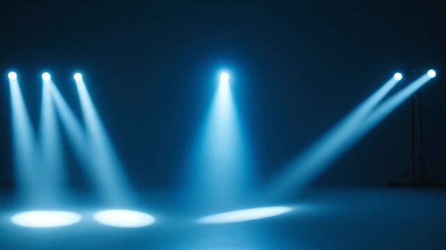 Three Cyan Spotlight Beams on Slate Blue. Minimalist Photorealistic Light and Shadow. Dramatic Ethereal Illumination.