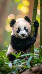 A young panda cub clings to a bamboo stalk, looking directly at the viewer with a gentle expression.