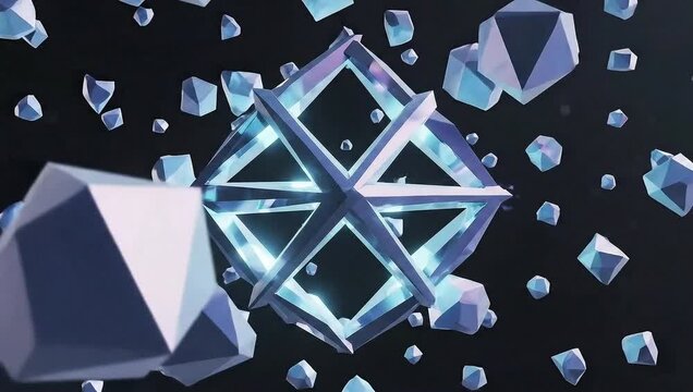 Luminous Abstract Geometric Crystal Core with Floating Faceted Shards in Dark Space
