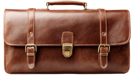 Elegant brown leather briefcase with brass buckles on transparent background for professional or vintage design concepts