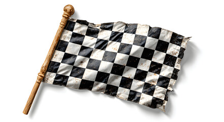 Set of black and white checkered flag with wooden stick, cut out - stock png.