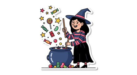 Cartoon witch preparing a sweet treat Halloween potion with candies and stars illustration