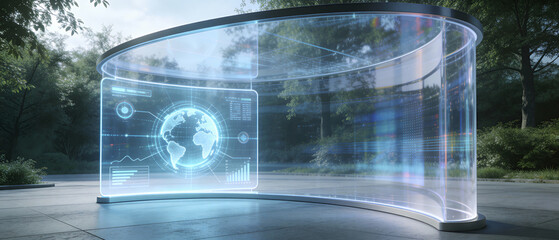 Futuristic transparent holographic screen in a forest displaying glowing Earth globe, charts & data. Serene blend of high-tech AR interface and nature