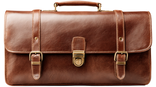 Elegant brown leather briefcase with brass buckles on transparent background for professional or vintage design concepts