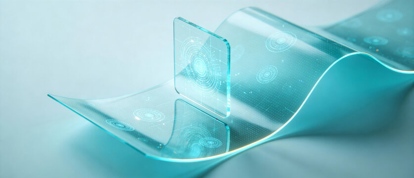 A sleek, transparent holographic interface floats above a rippling cyan glass surface, displaying glowing circular data patterns in a futuristic sci-fi aesthetic