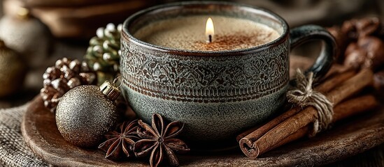 Aromatic coffee candle with cinnamon sticks and christmas decorations on a wooden plate
