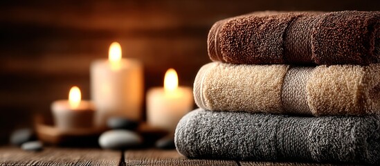 Relaxing spa image with towels and candles creating a calming atmosphere