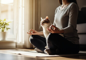 Peaceful yoga moment, Woman meditating in a bright room with her cat sitting on her lap, demonstrating deep tranquility and companionship during her wellness routine.