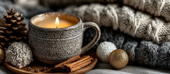 Cozy ambiance with candle, cinnamon, and warm textiles for a relaxing winter mood