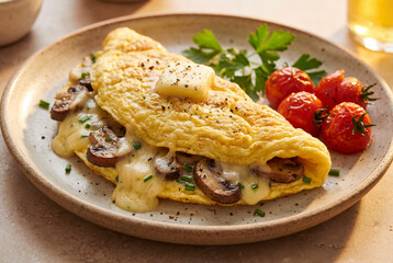 Traditional French omelet with cheese, mushrooms and butter, topped with sun-dried tomatoes