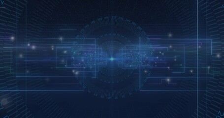 Fototapeta premium Pulsing central glowing hub and radial HUD radiating data flows in cyberspace panel, neon circuits
