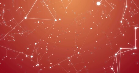 Forming abstract white nodes and thin lines with scattered dots on red-orange gradient, glowing