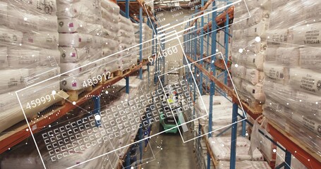 Showing sacks on racking in warehouse aisle, with HUD and worker in safety vest, hard hat