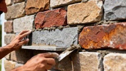 Closeup medium shot of a craftsman applying real stone panels to a building facade showcasing natural stone colors and rough surfaces for authentic wall cladding. - Powered by Adobe