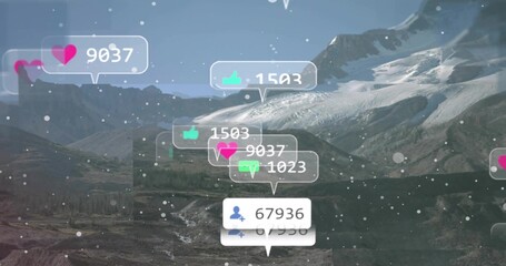 Floating notifications overlaying alpine valley, right glacier visible, showing icons and counts