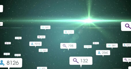 Floating white callout displaying search icon and 132 in 3D data space, with user, envelope icons