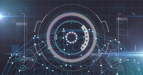 Rotating central HUD showing concentric rings in virtual dashboard, with network nodes and flares