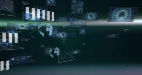 Fototapeta premium Floating holographic UI panels hovering above planetary horizon, displaying globes, charts, radars