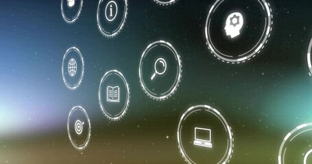 Floating glowing UI icons drifting in virtual starry space, showing magnifying glass, laptop, globe