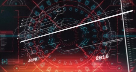 Showing central circular HUD rotating on dark interface, highlighting timeline markers 2009 2016