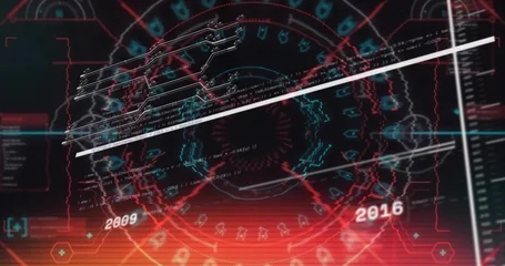 Fotobehang Vlees Showing central circular HUD rotating on dark interface, highlighting timeline markers 2009 2016  © vectorfusionart