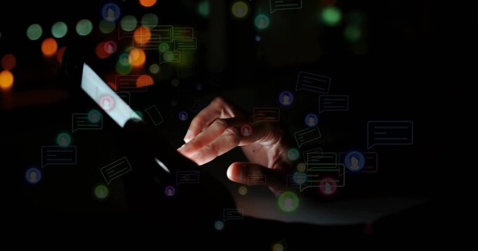 Tapping woman's hand scrolling smartphone screen on dim desk, showing chat notifications and bokeh - Powered by Adobe