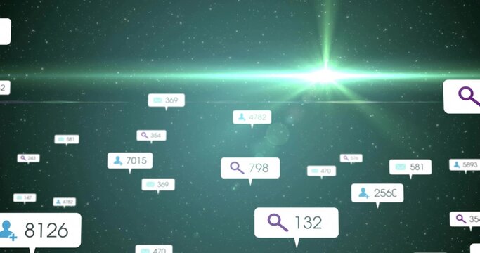 Floating white callout displaying search icon and 132 in 3D data space, with user, envelope icons