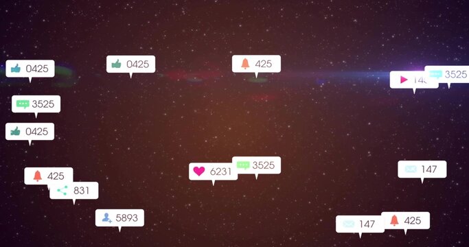 Floating cluster of speech-bubble icons hovering in cosmic starfield with lens flare, heart counts