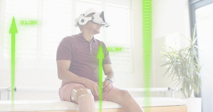 Sitting man wearing maroon polo using VR headset in rehab room, with prosthetic leg and HUD