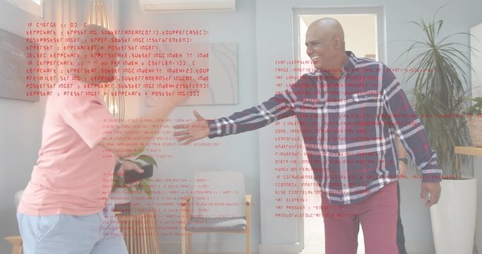 Reaching plaid-shirted man maroon-pants shaking hands at home, holding device, red code, copy space