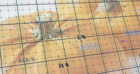 Showing orange pumpkin revealing top with short stem on table, with grid, numbers, droplets © vectorfusionart