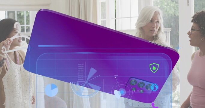 Showing group wearing pink top holding white-lace dress on hanger near glass doors, purple overlay