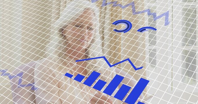 Standing senior woman wearing light blouse, viewing translucent grid with blue bar and line charts - Powered by Adobe