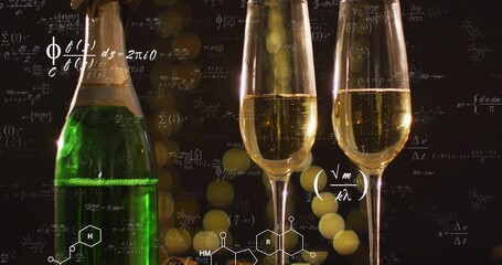 Showing green champagne bottle and two flutes with bubbles on bar, with scientific notations © vectorfusionart