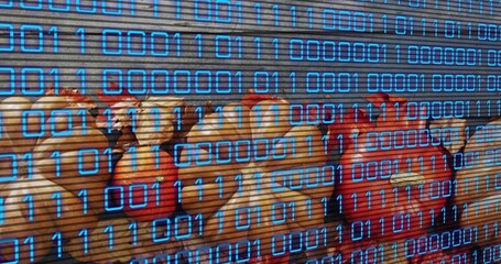 Row of yellow chicken figures sitting on narrow ledge by metal shutter with blue binary overlay