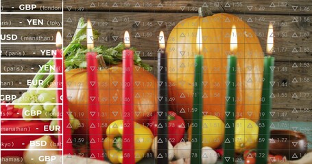Showing centered harvest on table with pumpkins peppers garlic scallion lit tapers ticker panel © vectorfusionart