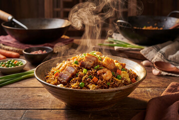 Traditional Asian food, fried rice with meat and vegetables