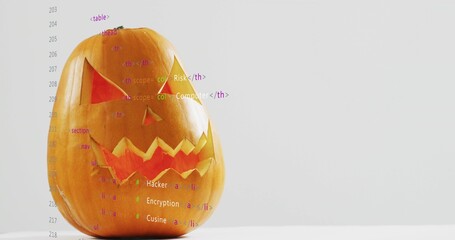 Sitting cut pumpkin on white-tabletop by pale-gray wall, code showing Hacker Encryption, copy space