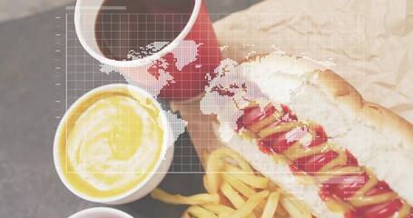 Presenting plated meal with hot dog, fries, wrap and cups on tabletop in cafe, map overlay