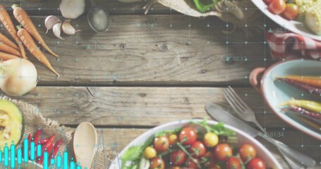Displaying rustic wooden table creating central workspace in kitchen, with tomatoes and blue grid