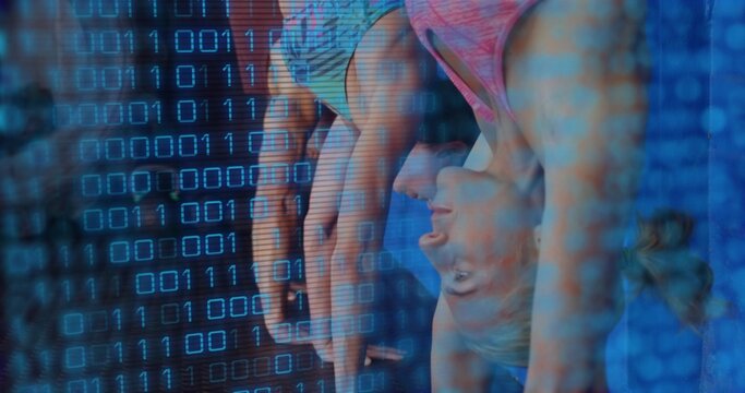 Bending class group performing forward fold in yoga studio, with mats, sports gear, binary overlay - Powered by Adobe