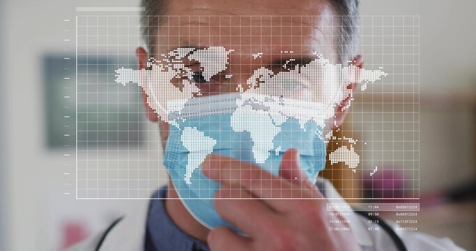 Adjusting doctor pulling blue mask at clinic in lab coat and stethoscope with world map overlay