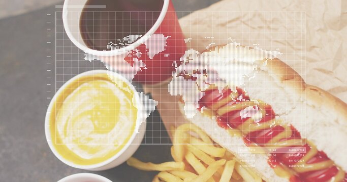 Fototapeta Presenting plated meal with hot dog, fries, wrap and cups on tabletop in cafe, map overlay
