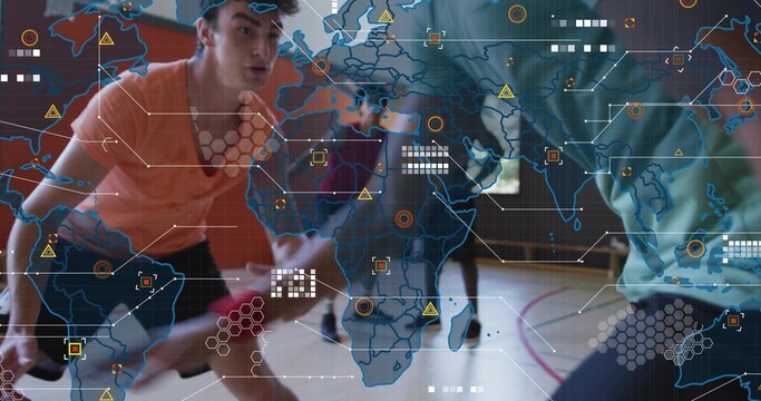 Lunging six male athletes running and cutting on wooden court wearing sportswear under AR overlay - Powered by Adobe