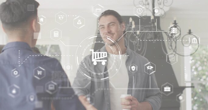 Shaking man in foyer wearing light tee open longsleeve shirt, holding cup with shopping cart HUD - Powered by Adobe