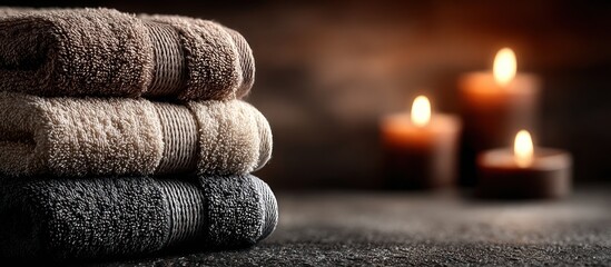 Relaxing Spa Scene with Stacked Towels and Lit Candles for Serenity