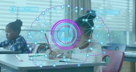 Writing foreground girl student using pink pencil, filling workbook at school desk with AI overlay