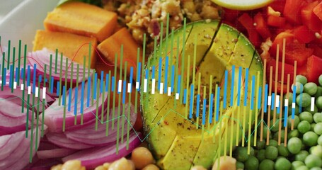 Showing composed bowl on tabletop, featuring halved avocado, red onion, sweet potato, waveform