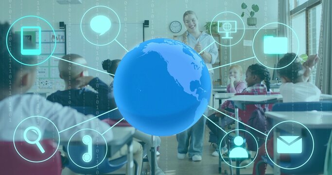 Hovering blue 3D globe over elementary class, linking icons as teacher in blouse and jeans speaking - Powered by Adobe