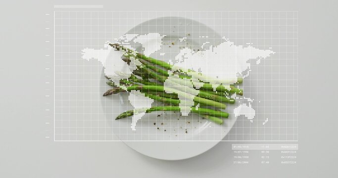 Displaying white plate with green asparagus on gray tabletop, showing grid map, pepper, timestamps